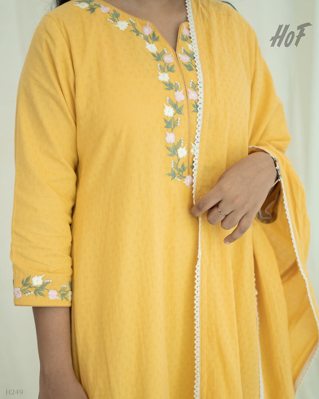 MyHof Mustard Yellow Suit Set With Floral Embroidery In Cotton