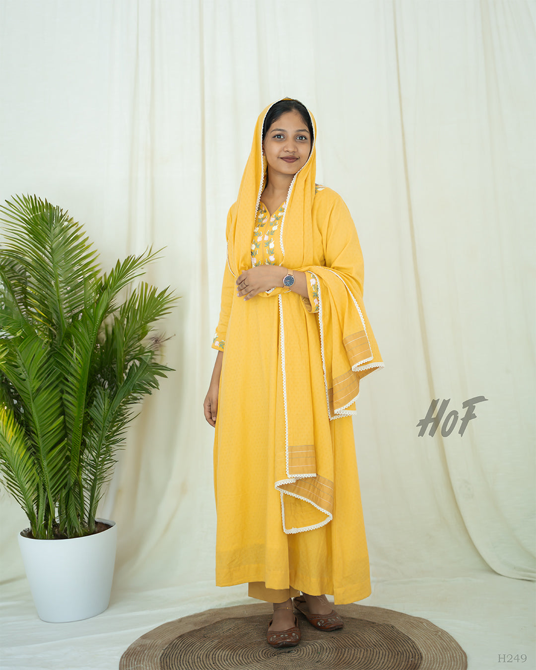 MyHof Mustard Yellow Suit Set With Floral Embroidery In Cotton