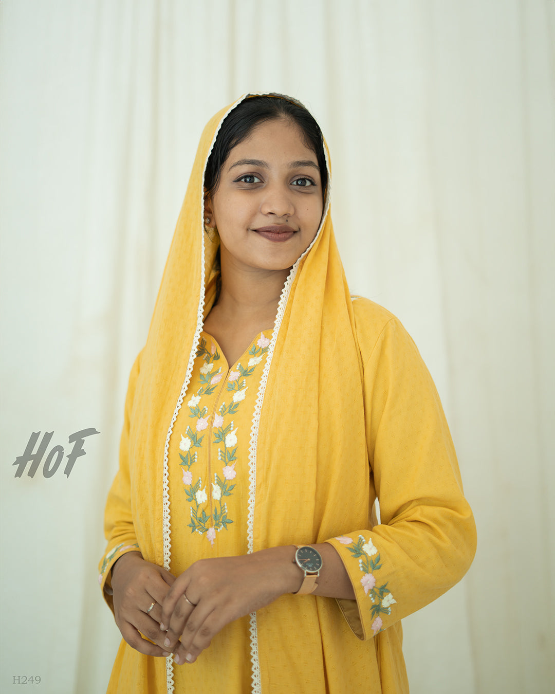 MyHof Mustard Yellow Suit Set With Floral Embroidery In Cotton