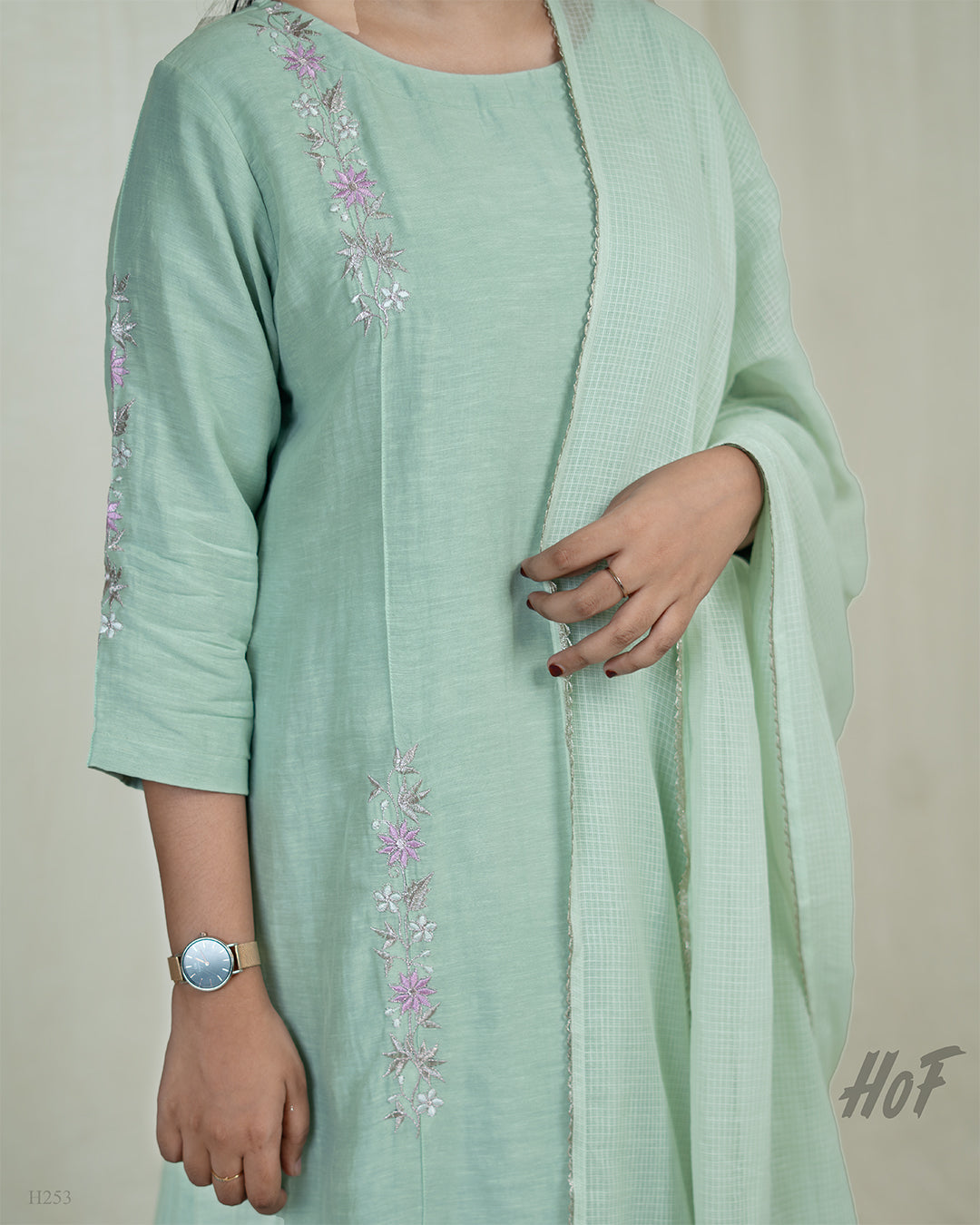 MyHof Pastel Green Suit Set With Floral Embroidery In Viscose