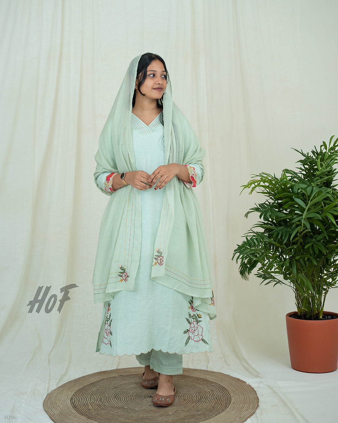 MyHof Pastel Green Suit Set With Floral Embroidery In Linen