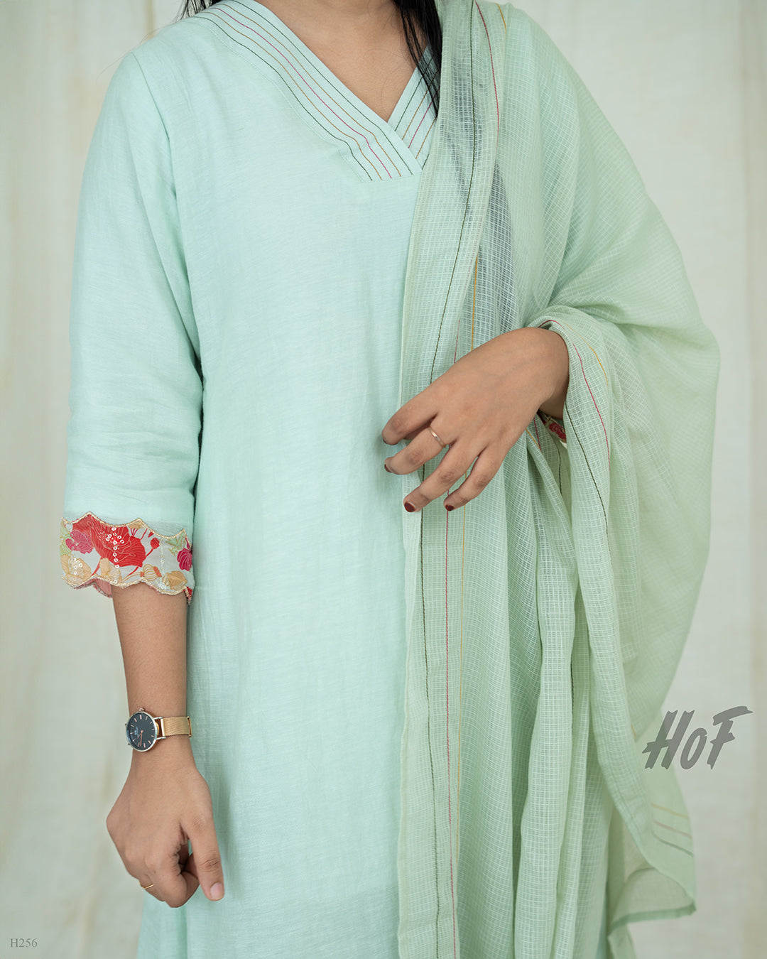 MyHof Pastel Green Suit Set With Floral Embroidery In Linen