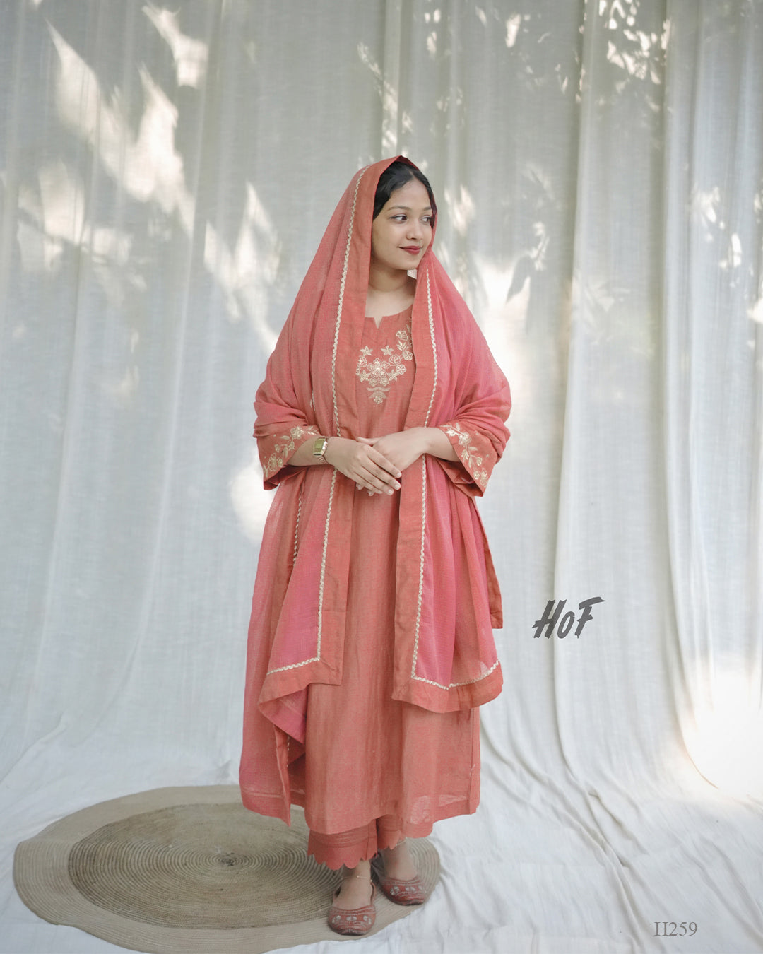 MyHof Brick Red Suit Set With Golden Thread Work In Linen