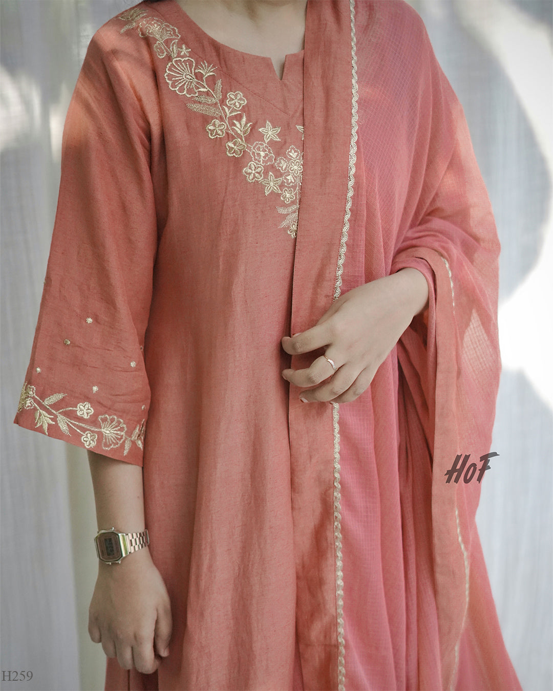 MyHof Brick Red Suit Set With Golden Thread Work In Linen