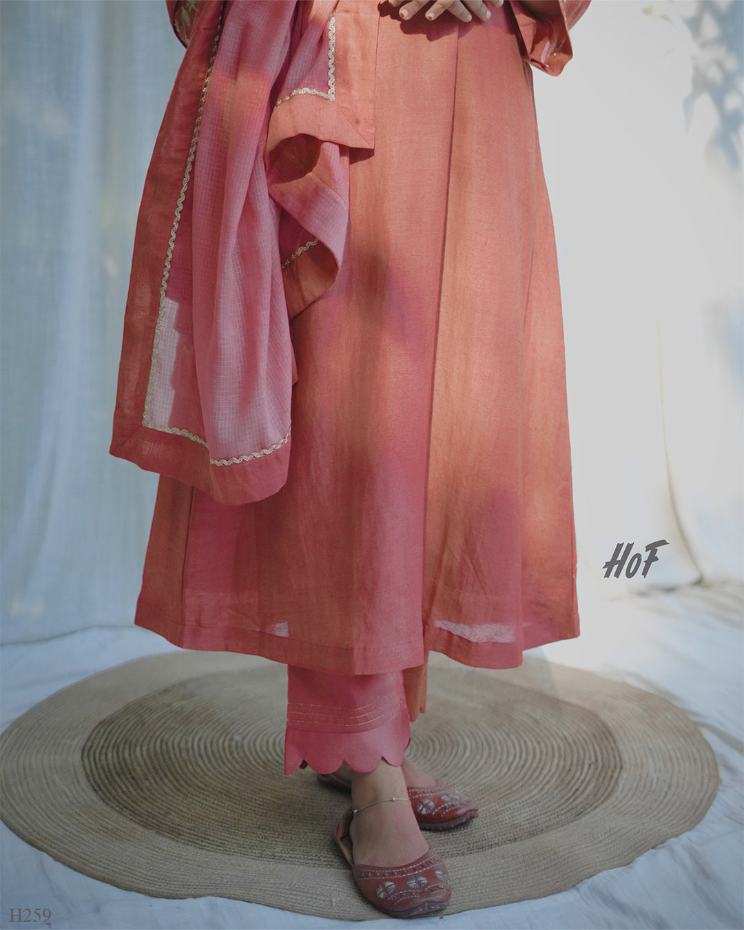 MyHof Brick Red Suit Set With Golden Thread Work In Linen