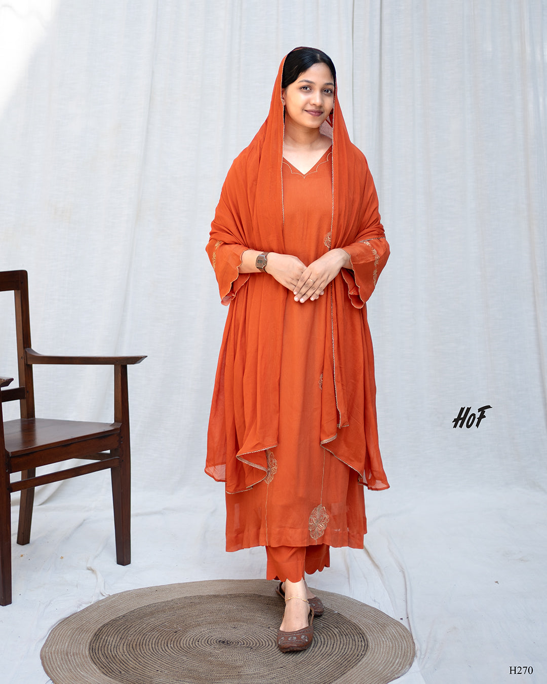 MyHof Rust Orange Suit Set With Zari Thread Embroidery Work In Crepe