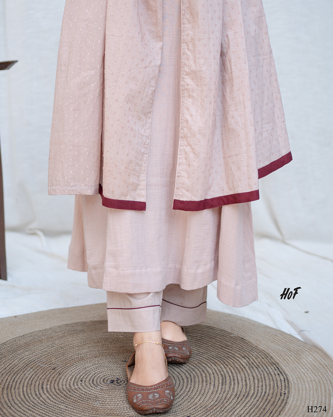 MyHof Powder Pink Suit Set With Brown Contrast Detailing in Cotton