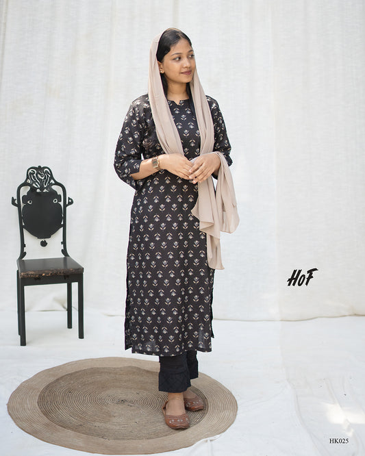 MyHof Black and Beige Digital Printed Casual Kurti In Cotton