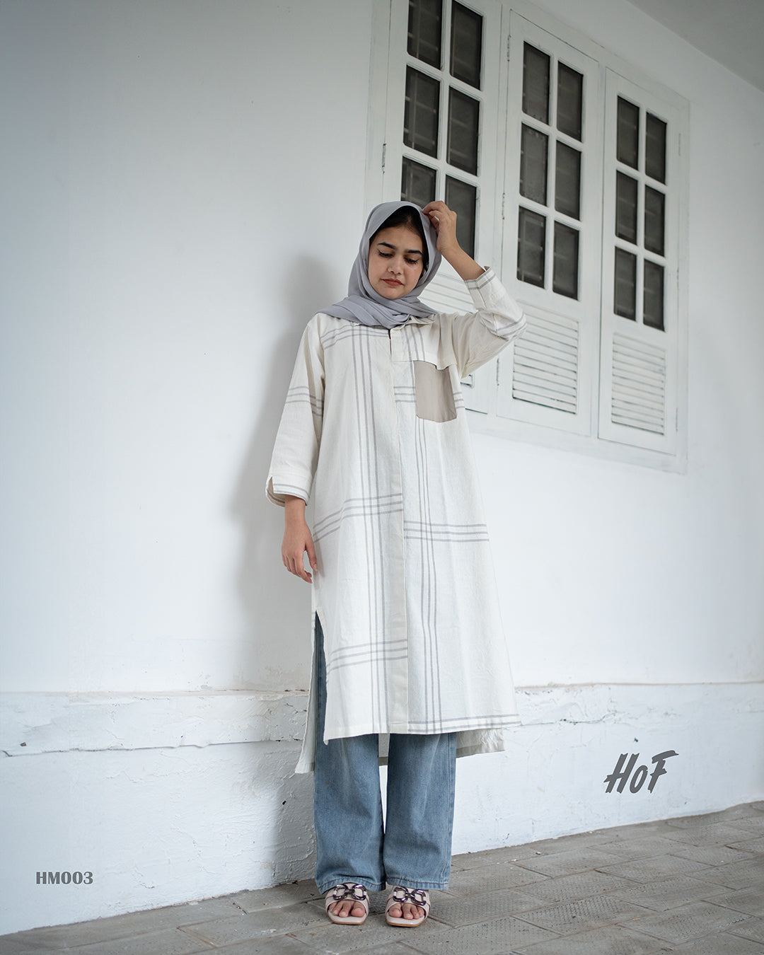 MyHof Pristine White Knee Length Top With Grey Lines