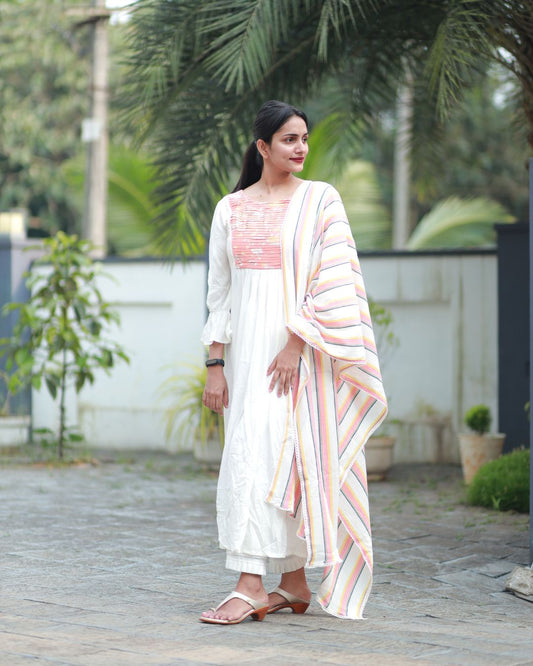 MyHof White Long Gown With Dupatta Set In Cotton